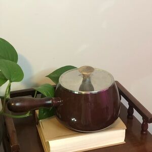 Elegant Brown Enamel Pot with Silvery Lid & Wooden Handles